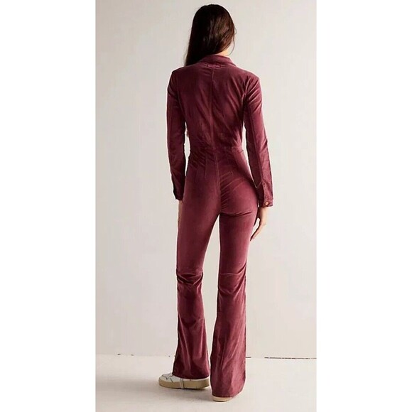 NWT $178 Free People Jayde Cord Flare Jumpsuit Wine L Cottagecore Western Retro - Picture 2 of 16